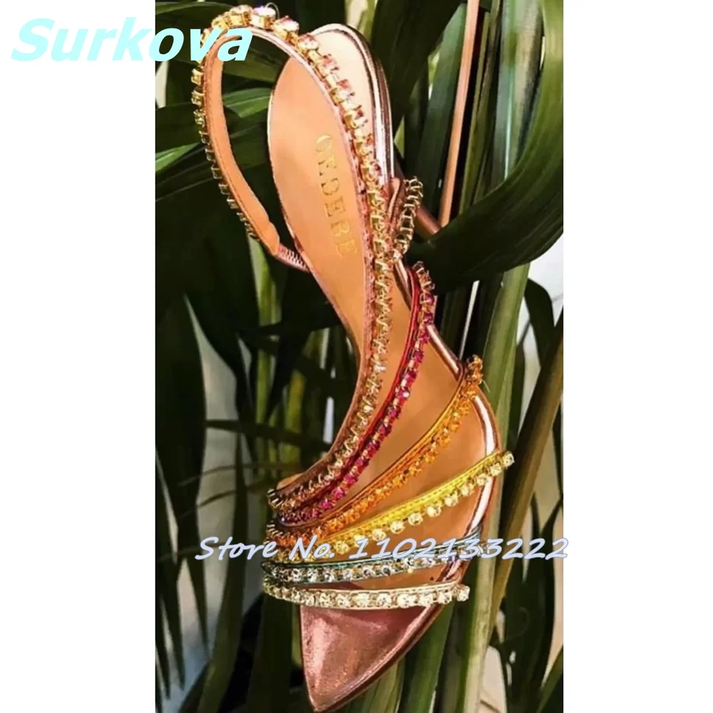 

Colorful Rhinestone Strap Sandals Open Toe Thin High Heels Slip On Stilettos Fashion Sexy Women Shoes Luxury Party Dress Sandals