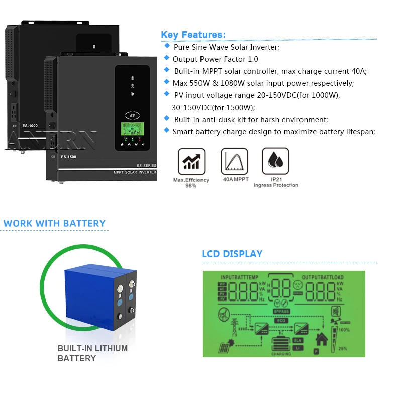 Anern 6.2KW 4.2KW Hybrid Solar Inverter 24V 48V 230V Off Grid Pure Sine Wave Inverter Max PV Input 500vdc with MPPT 120A Charger