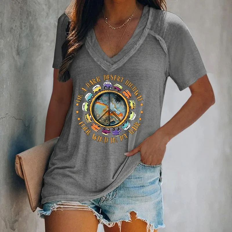 ilstile Women's Hippie Letter Print T-Shirts Summer Casual Loose Short Sleeve V Neck Tops White Tees New Arrival