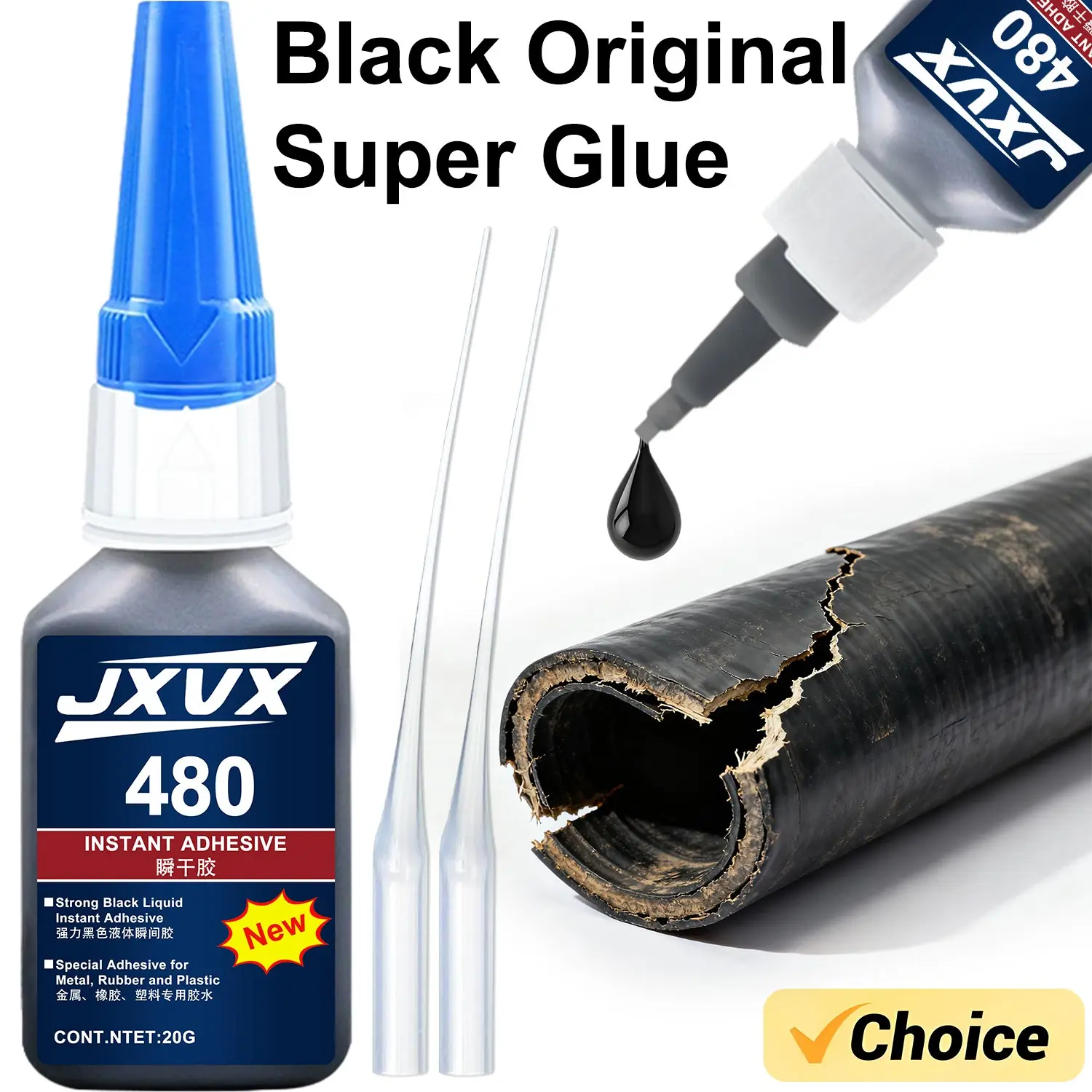 JXVX 20g 480 Super Black Kleber für Reifenreparatur Schwarzer Flüssigkleber Langlebiger Gummi Verschleißfester Klebstoff Nicht korrosiv Sofortige Haftung Leder Originalkleber, komplett mit Spender.
