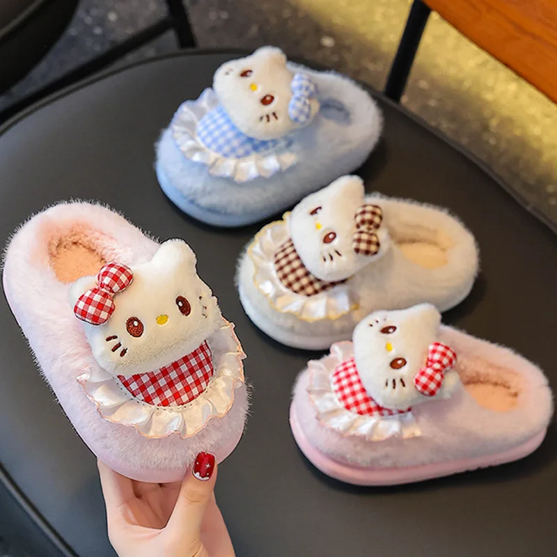 

Sanrio Hello Kitty Girl Winter Kawaii Slippers Student Fashion Cartoon Child Fleece-Lined Keep Warm Cotton Slippers New Style