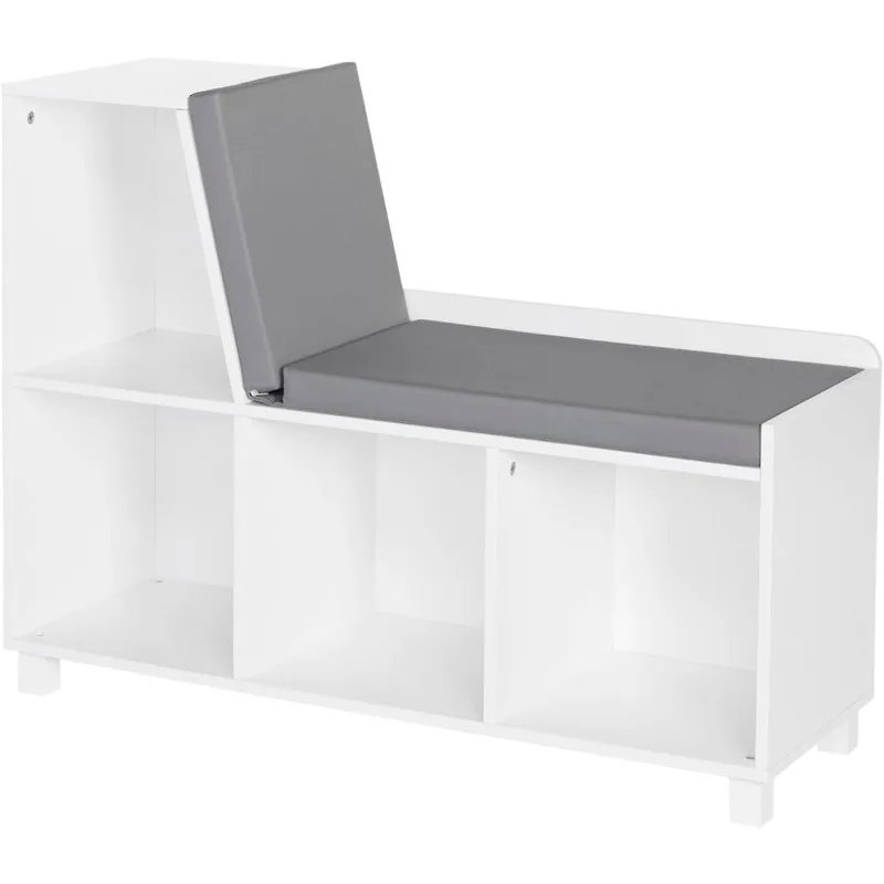 Book Nook Collection Kids Reading Nook and White Cubby Storage Bench Toy Storage with Comfy Cushioned Seat And Cubbies