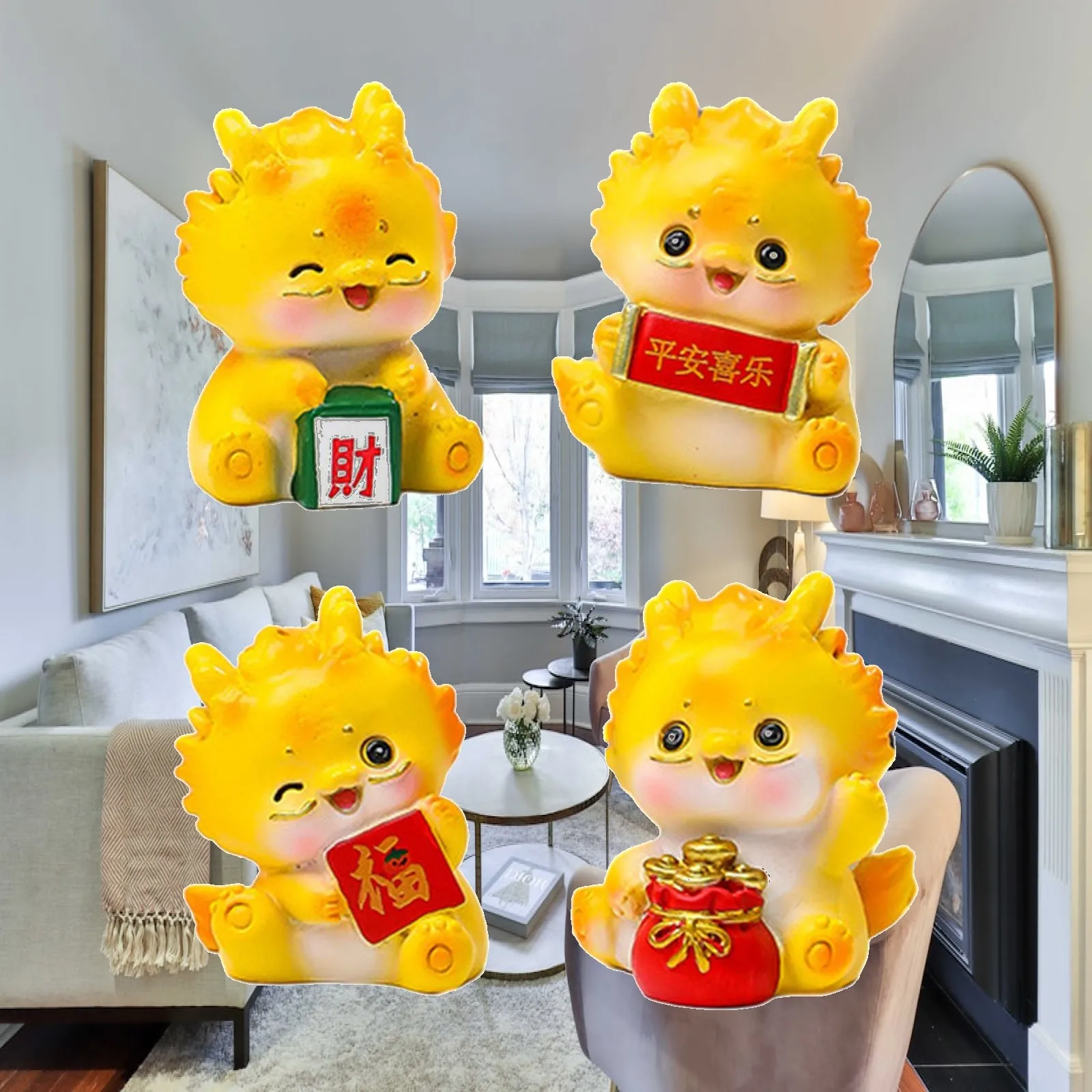 4x Dragon Statue Desktop Ornament Resin Cartoon Miniature Figurine Car Dashboard Decor for Bedroom Spring Festival Bookshelf
