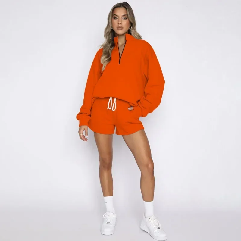 Women Short Sets Zipper Two Piece Sets Tracksuit Jogger Matching Sets Top Loose Casual Straight Shorts Pants Set  Autumn Summer