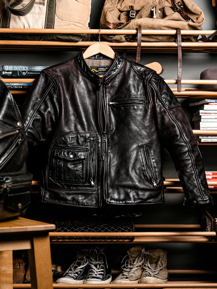 

YR!Free shipping.2024 Brand new.Vintage brown tea core horsehide jacket.heavy washed biker genuine leather coat.men