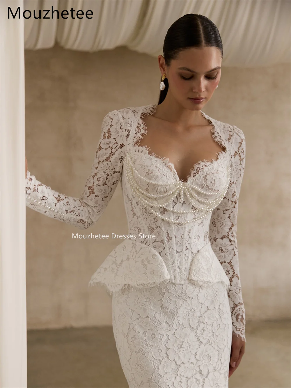 Mouzhetee Mermaid  Lace Elegant Wedding Dresses Long Sleeve Backless Preals Brides Gown Custom Made 2026