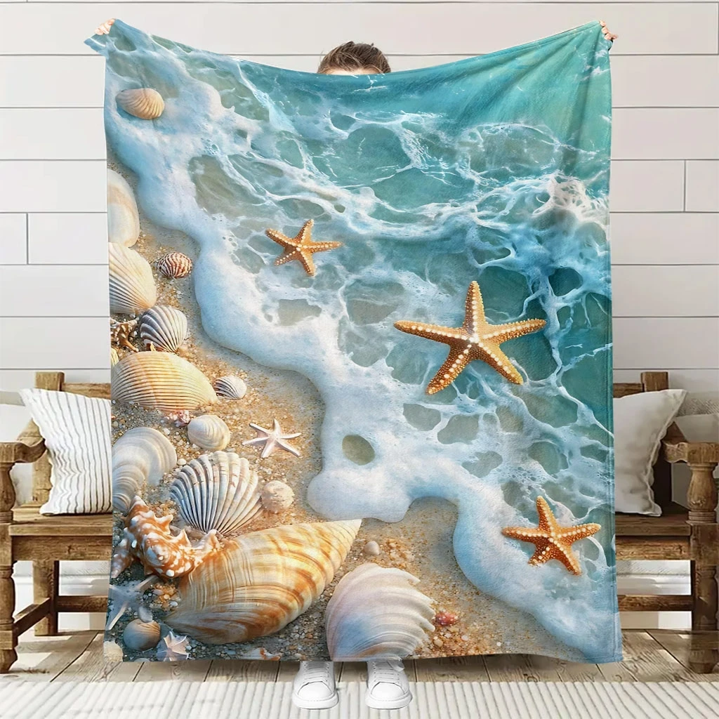 1pc Skin-Friendly Flannel Blanket with Ocean Wave, Beach, and Seashell Theme, High-Definition Digital Print, for Sofa or Bed Cov