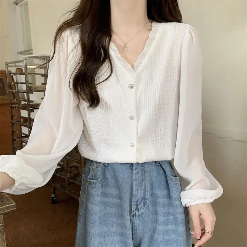 Fashion Versatile Spring Autumn Korean Version V-neck Women\'s Shirt Splicing Slim Fit Knitted Shirt Long Sleeve Top for Women