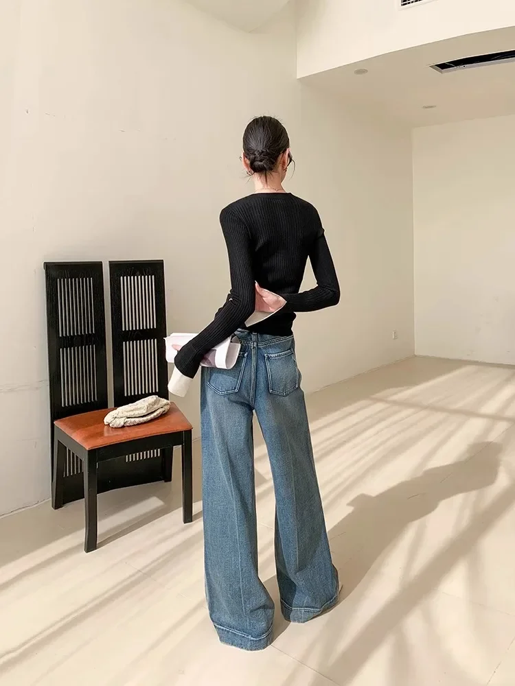 

Blue Washed Casual Jeans Women'S Autumn And Winter New Straight Leg Loose Wide Leg Pants Long Pants