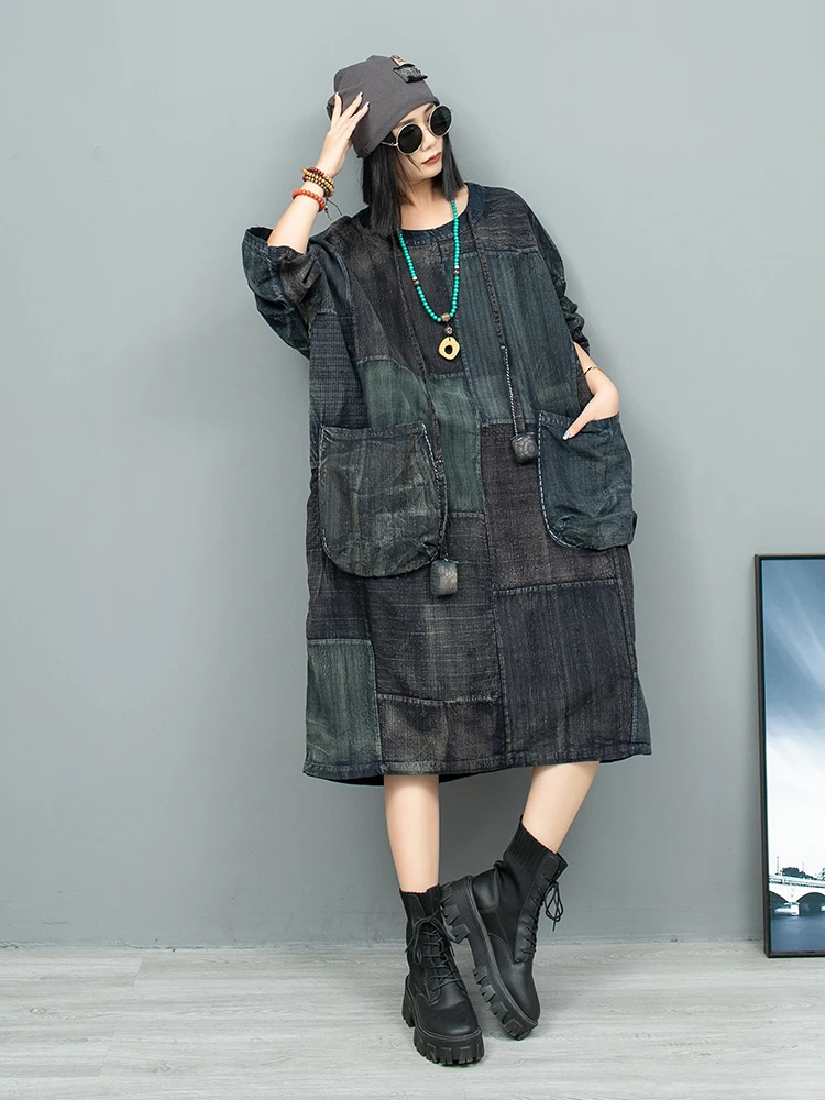 New Women's Autumn Vintage Distressed Simple Round Neck Long Sleeve Patchwork Pullover Straight Oversized Loose Streetwear Dress