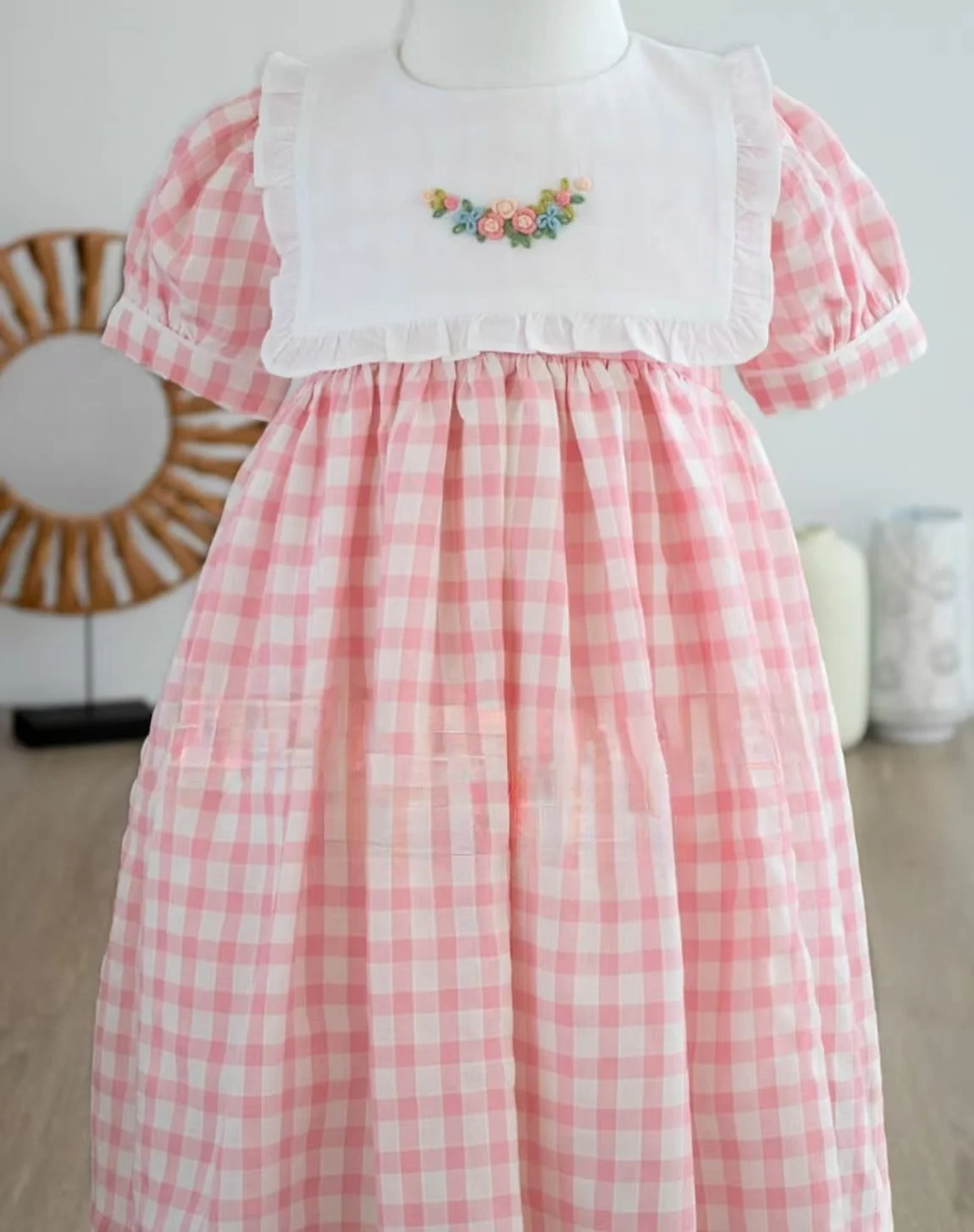 

Summer Baby Girl Rose Flower Handmade Embroidery Blue Vintage Princess Dress for Casual Party Birthday Eid Photography B41