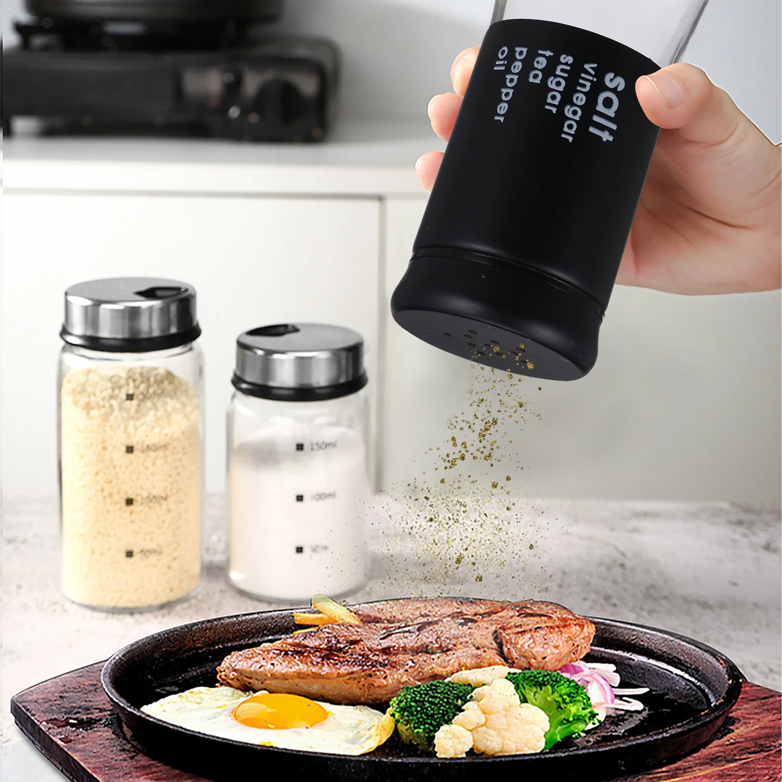 

2Pcs Glass Spice Storage Jars Elegant Seasoning Pots Kitchen Condiment Containers Thick Glass Bottles for Salt Pepper