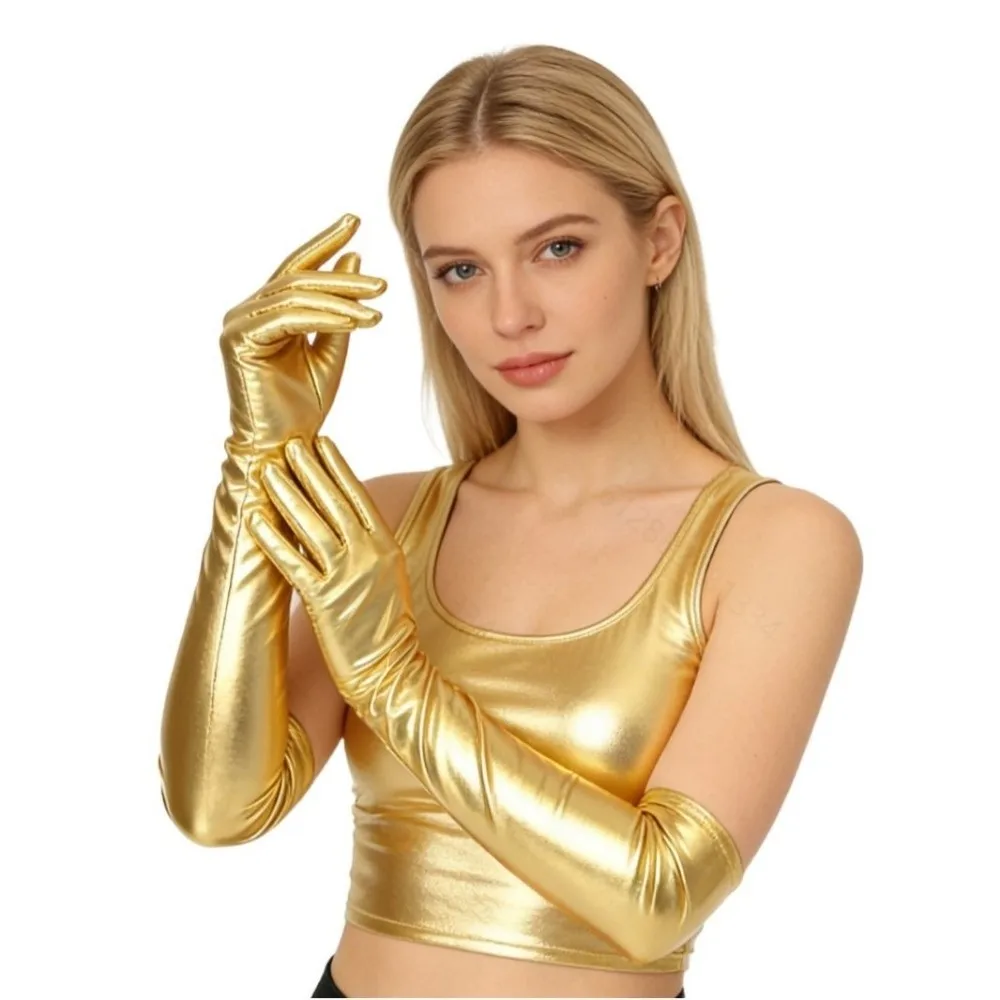Shiny Solid Color Patent Leather Gloves Skinny Punk Long Gloves Hip Hop Elbow Length Etiquette Mittens Cosplay Accessory
