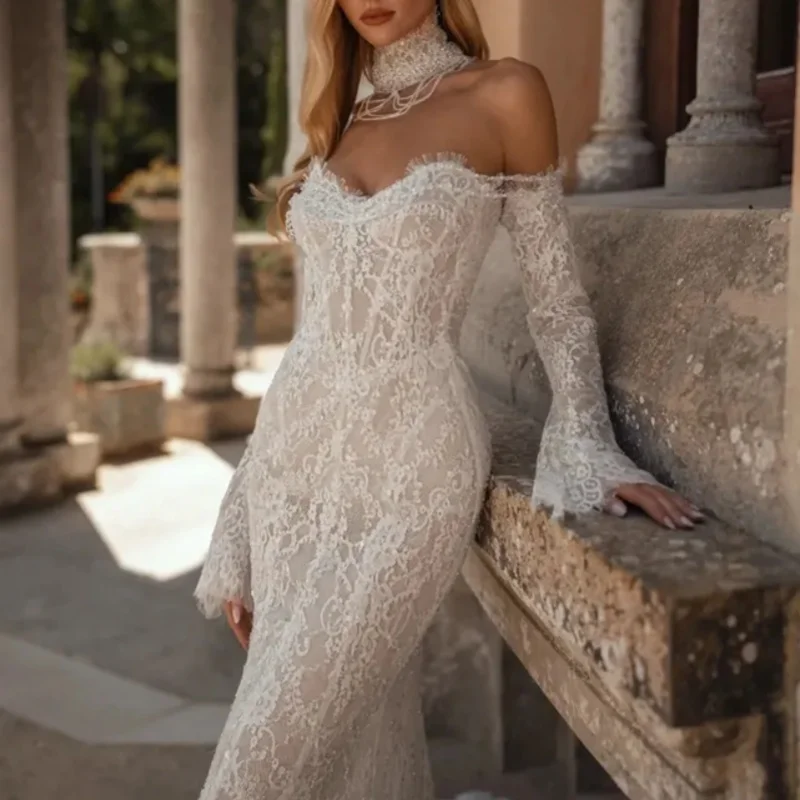 Shiny Lace ivory Appliques Wedding Dresses of fishtail long sleeves decal Bridal Gowns Made Customized