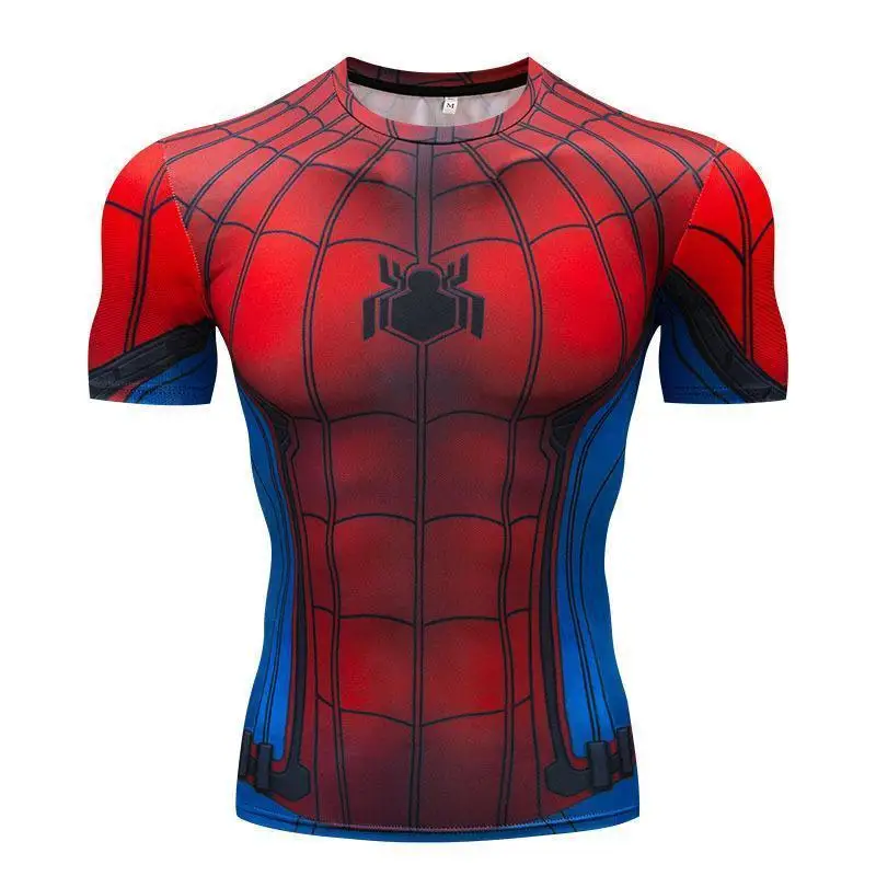 Marvel Spiderman Iron Man T-Shirt Superheroes Trendy Print T-shirt Man Gym Workout Quick-drying Tight Fitting Sportswear Clothes