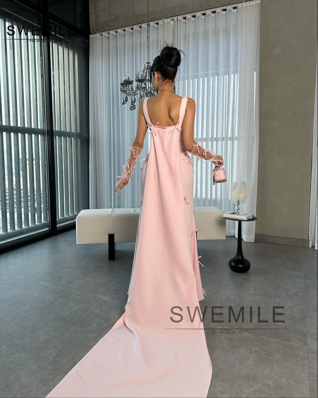 SWEMILE Pink Column Square Neckline Zipper Up Floor-Length Sleeveless Dresses For Special Events Prom Dresses Formal Occasion