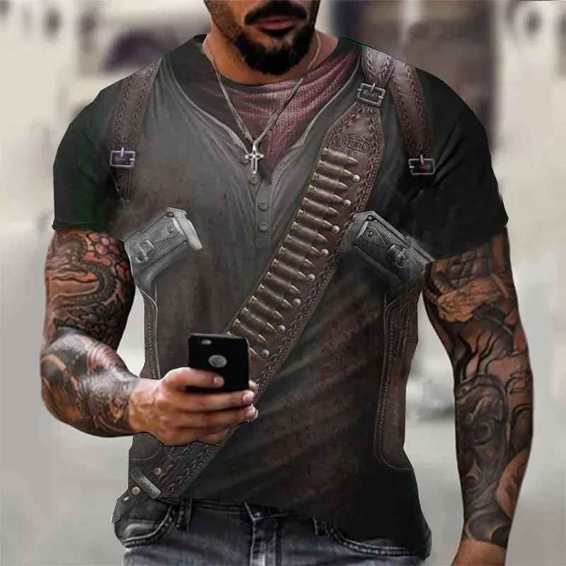 Herren 3D-Pistolenholster Bedrucktes Kurzarm-T-Shirt Vintage Taktisches Muster Rundhals-T-Shirt für Outdoor Tägliches Casual-Outfit