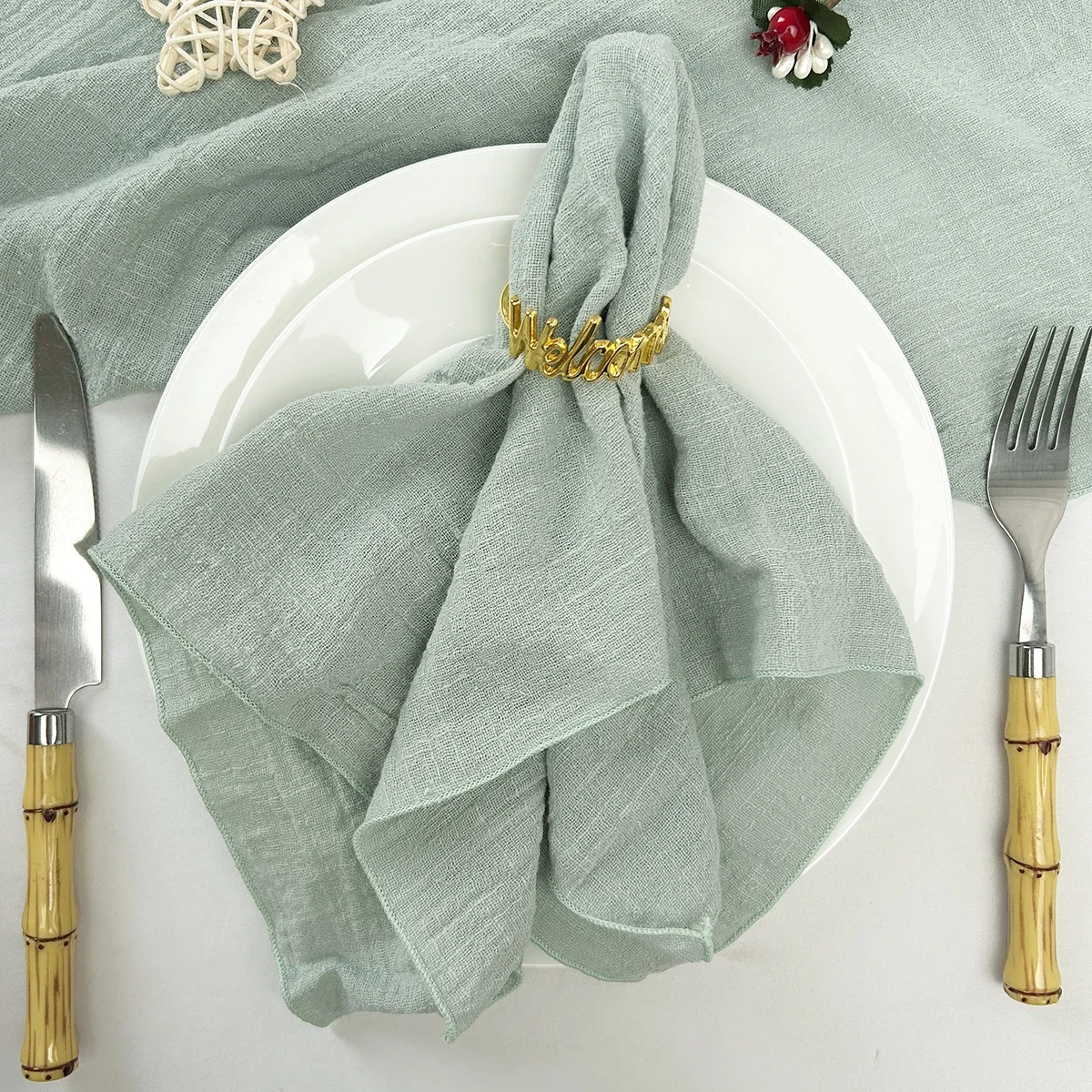 

12pcs 30x30cm Wedding Gauze cotton Napkins Sage green Tea Towel Rustic Retro Embroide napkins for Party Table decortion