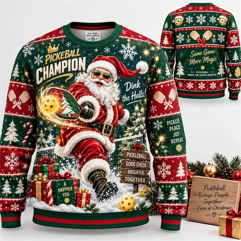 Men Crewneck Sweatshirt Santa Pickleball Champion Print Christmas sweater Xmas Holiday Long Sleeve Pullover hoodie Top