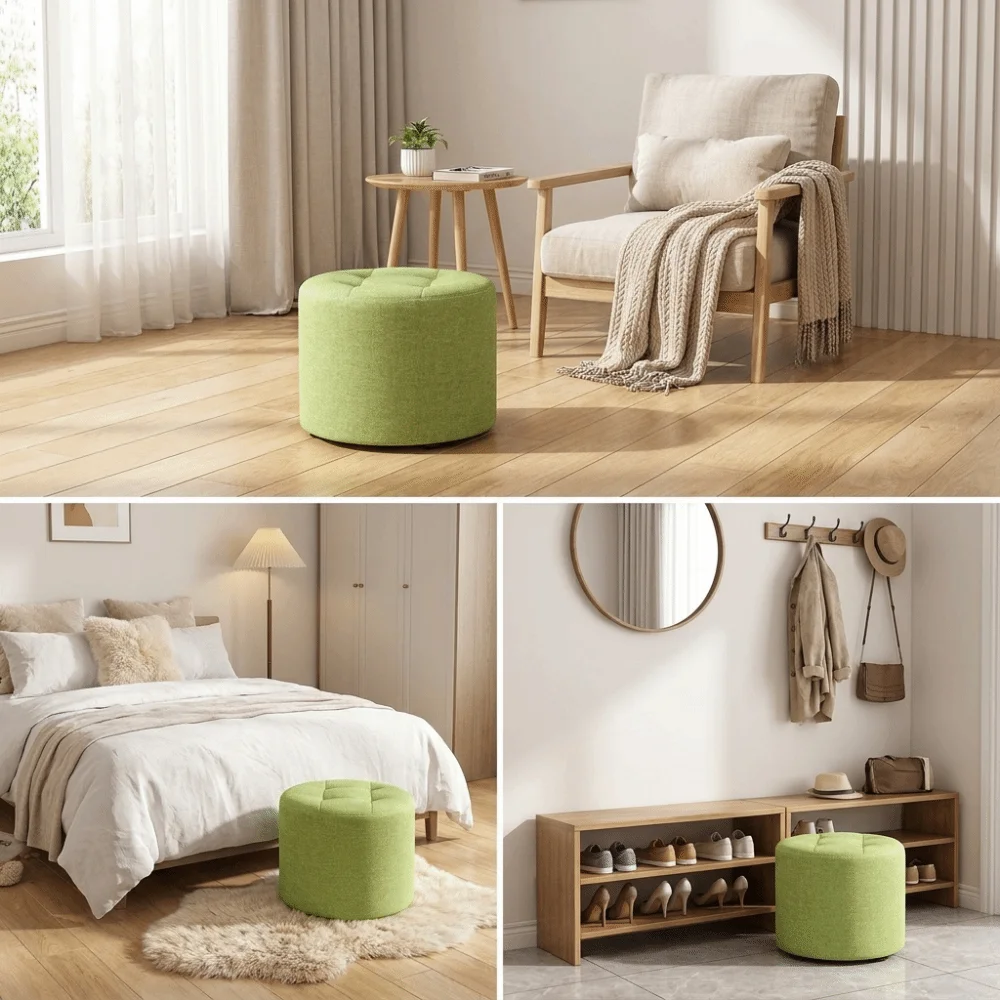 Multi-Purpose Round Low Stool Soft Portable Footrest Sturdy Breathable Textured Fabric Foot Stool Coffee Table