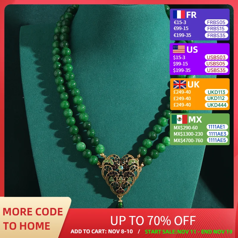

Heart Pendant Layered Necklaces Vintage Emerald Jade Beaded Chain Summer Genuine Natural Stone Women'S Accessories 2025 Trends