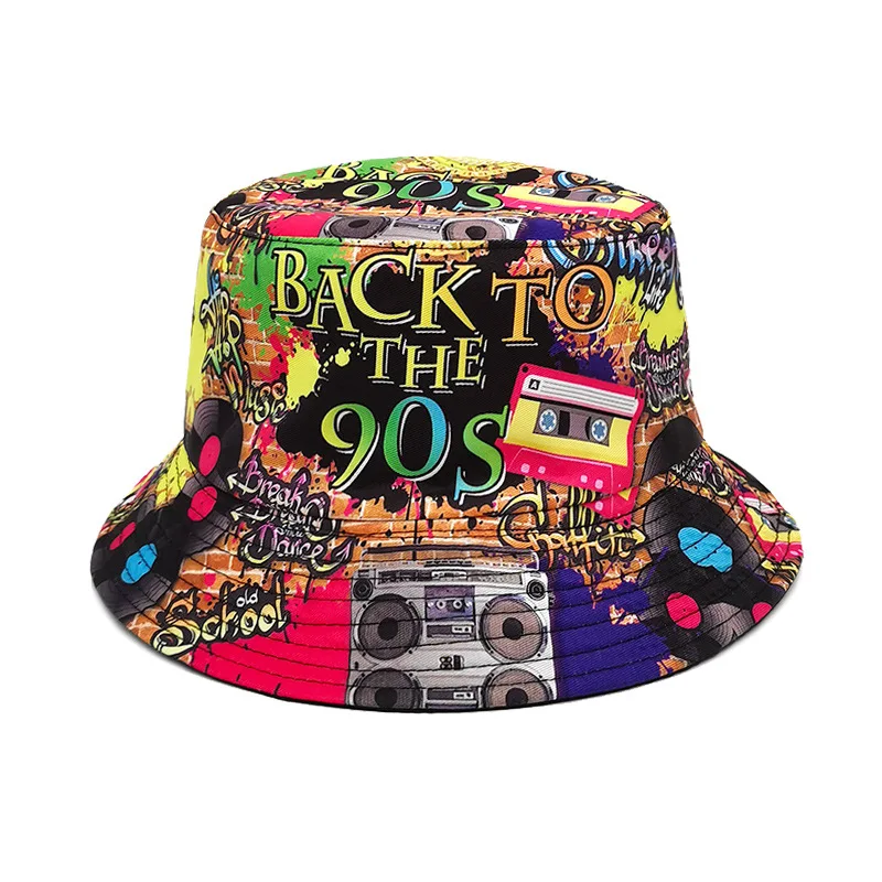 Europe and America Retro Nostalgic 90s Tape Pattern Bucket Hat Female Double Sided Spring and Summer Outdoor Sunscreen Sun Hat