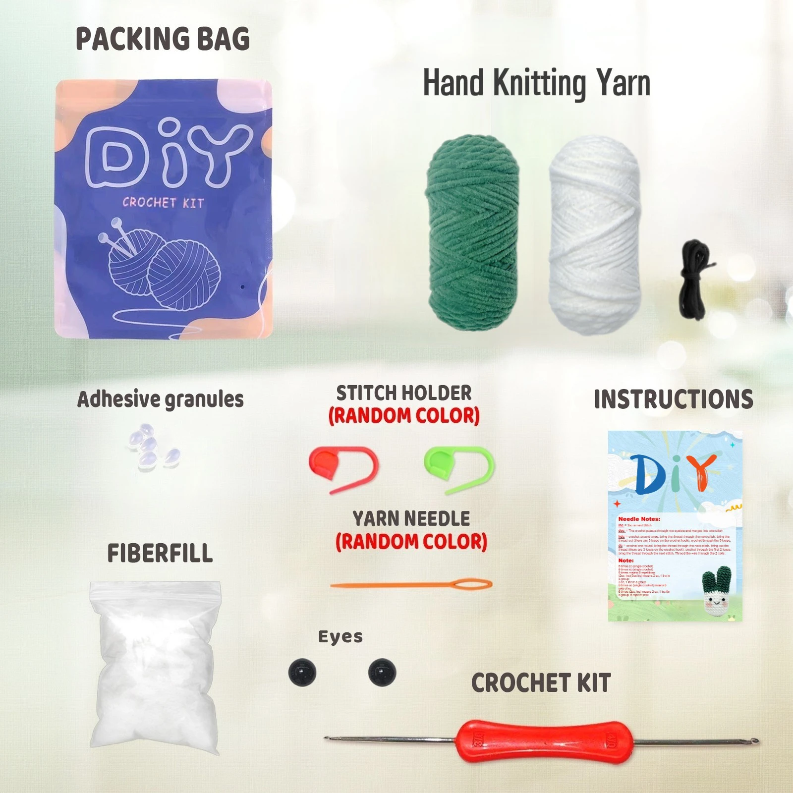1 Set Green Onion Shaped Crochet Material Pack, Complete Amigurumi Supplies Kit with Step-by-Step Teaching Video for Beginnerst
