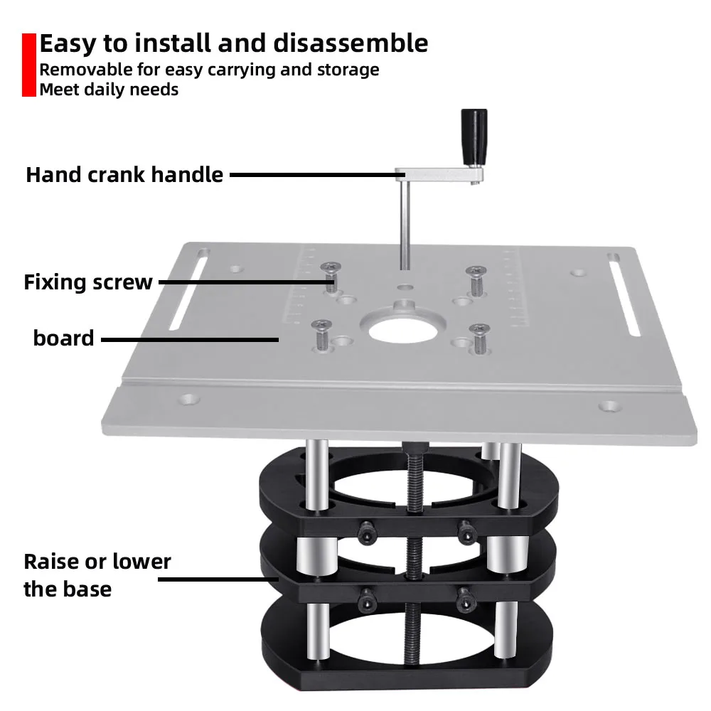 Aggiorna il sollevamento del router per motori da 65 mm di diametro, base di sollevamento della piastra di inserimento del tavolo del router per la lavorazione del legno per banchi di lavoro del router di legno