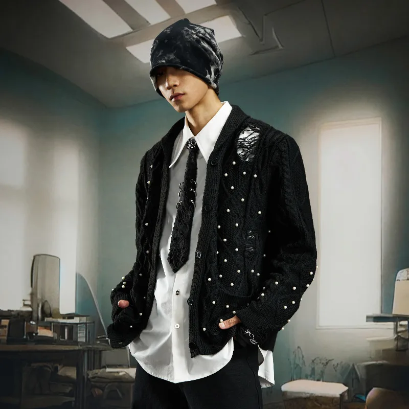 MWJLPWQ ビーズ装飾 ダメージ加工 ニッチデザイン 高密度ボタンニット カーディガン ターンダウンカラー セーター 秋 12541