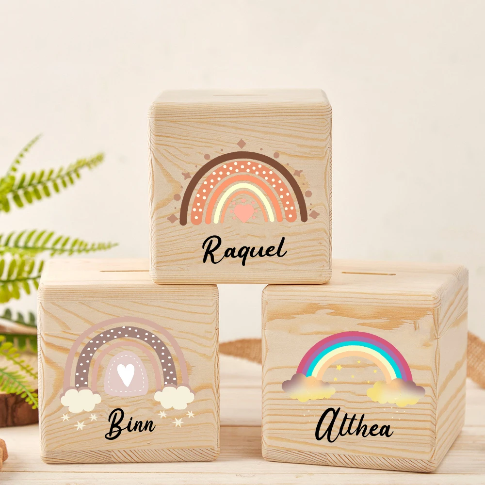 Customized Name Piggy Bank Personalized Rainbow Pattern Printed Coin Collection Box Customized Piggy Bank Easter Gift