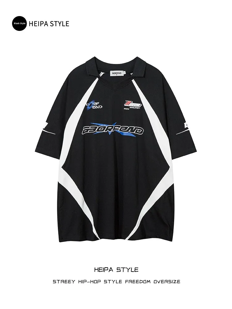 

American Sle ort Sve T-irt Racing Suit Patchwork Hiphop Loose Street Sle Couple irt Men's Summer Faion