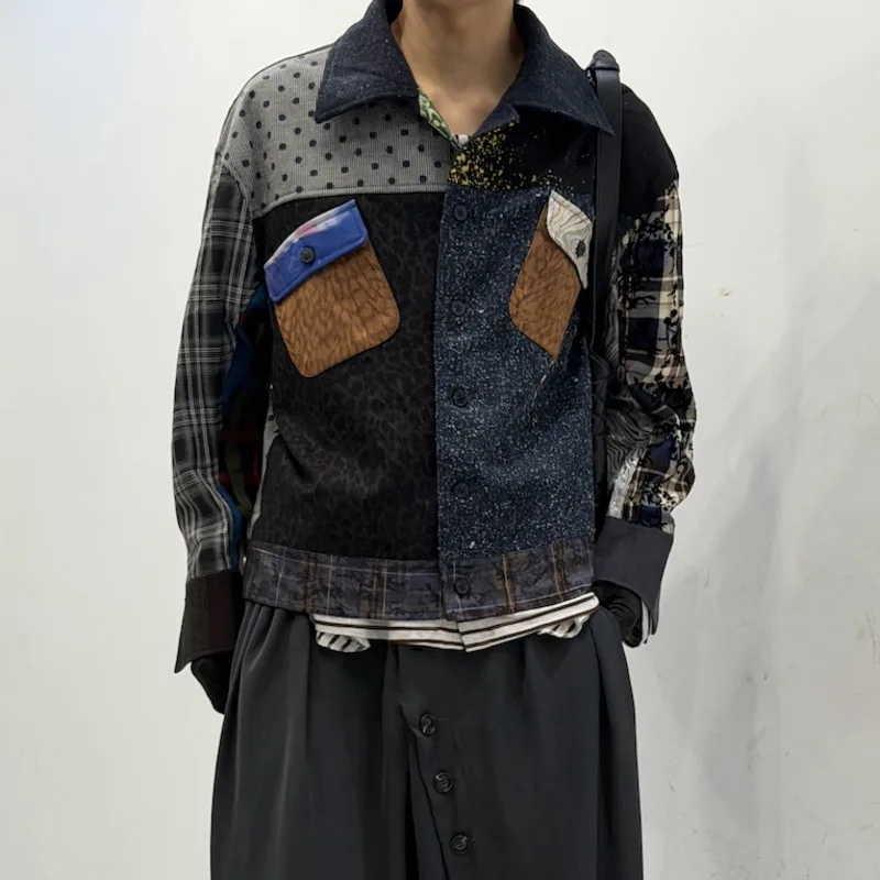 HKSH Spring Autumn New Men Tide Dark Punk Retro Patchwork Turn-down Collar Jacket High Street Color-Contrast Pocket Coat HK27471