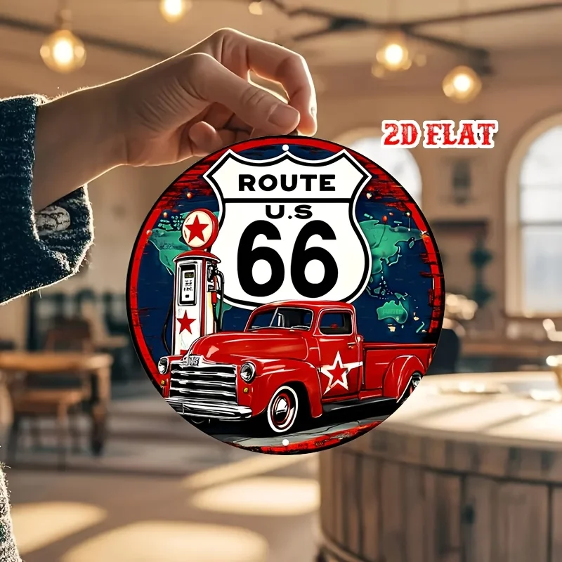 قطعة واحدة من لافتة الألومنيوم المستديرة للسيارة الكلاسيكية - لوحة فنية جدارية معدنية لشاحنة عتيقة، ديكور على طراز الطريق 66، موضوع محطة الوقود، مثالية للمنزل،