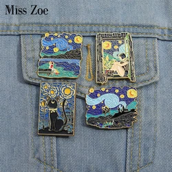 Art Oil Painting Enamel Pins Custom Night Starry Sky Brooches Lapel Badges Punk Gothic Animal Jewelry Gift for Kids Friends