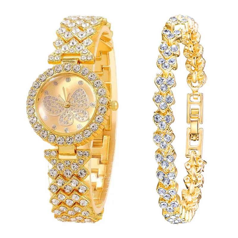 2pcs Butterfly Original Diamond Watch for Women Fashion Elegant Stainless Steel Quartz Wristwatch Luxury Ladies Dress Watches