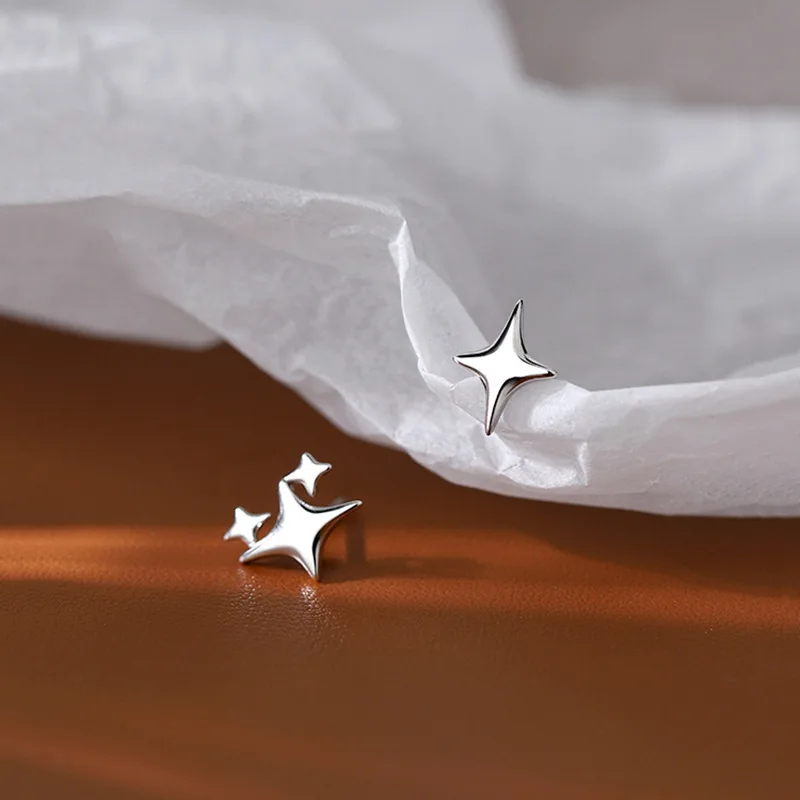 S925 Silver Needle Gold Color Star Small Stud Earrings For Women Girl Korean Tiny Asymmetry Cross Earring Summer Jewelry Gift