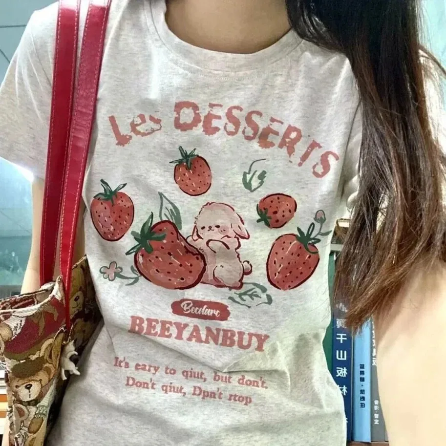 Y2k Aesthetics Summer New Cartoon Strawberry T-Shirt Harajuku Short Sleeve Loose Plus Size Top Women All Match Casual T-Shirts