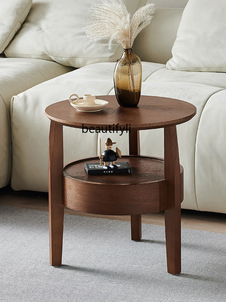 Nordic Bedside Table Modern Stone Plate Locker Solid Wood Corner Table Side Table Small round Table round Tea Table