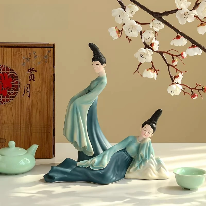 

Elegant Chinese Lady Figurine, Ceramic Display Shelf & Zen Home Decor, Ancient Style Serene Sculpture for Bookshelf, Desk, Altar