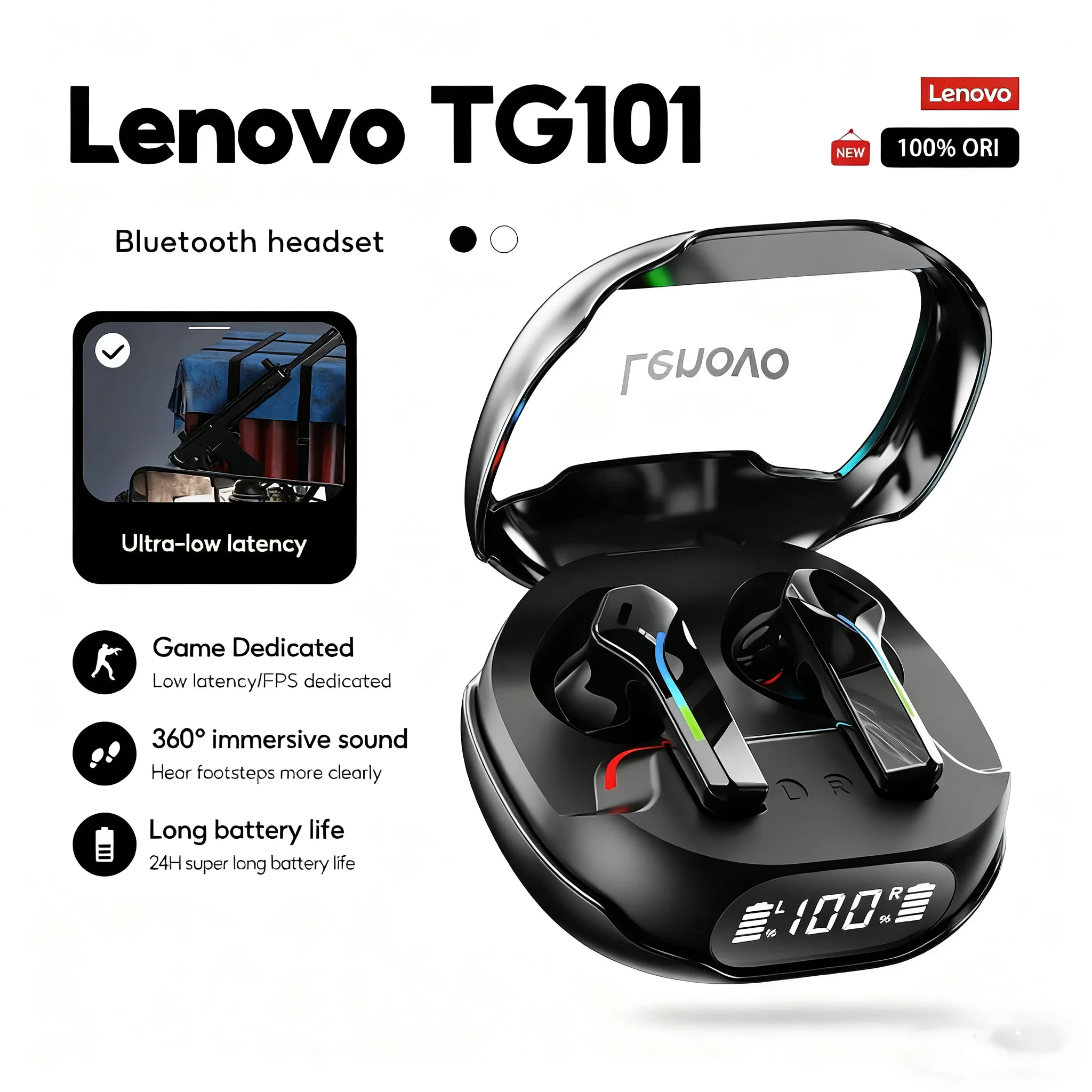 Lenovo TG101 Bluetooth 5.4 FPS Gaming Headset | 7.1 Virtual Surround Sound, 20H+ Battery