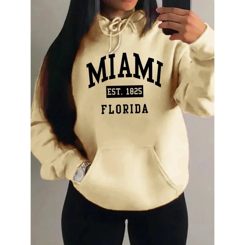 ميامي إست 1825 مدينة الفن رسالة يطبع المرأة هوديي جيب الشارع ارتداء Harajuku العصرية تنوعا هوديي