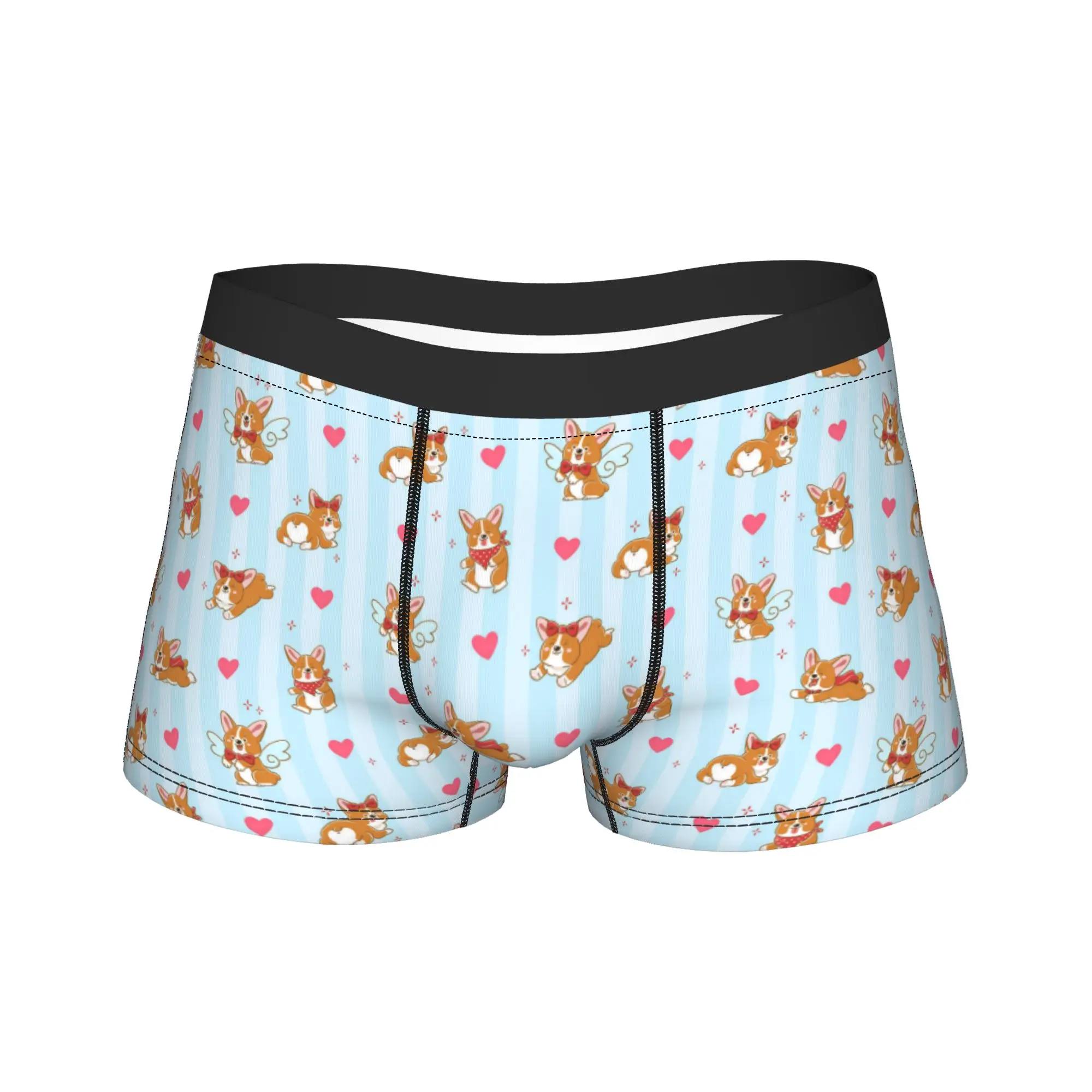 Cute Corgi Blue Striped Kawaii Pink Hearts Underwear Breathable Underpants Boxer Brief For Men Pouch Plus Size Boxer Shorts