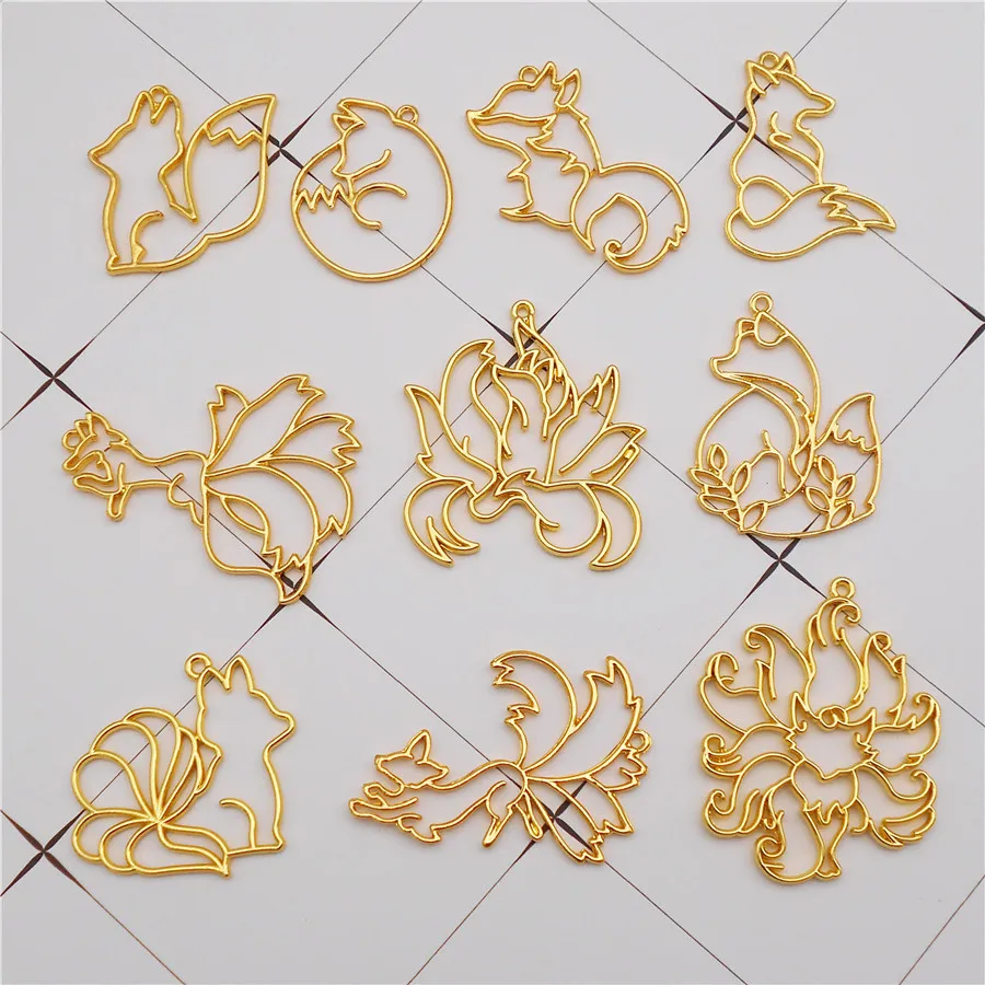 10PCS Gold Color Hollow Fox Charms Alloy Animal Pendants Bezel Frame For Resin Mold Epoxy Necklace Bracelet Jewelry Accessory