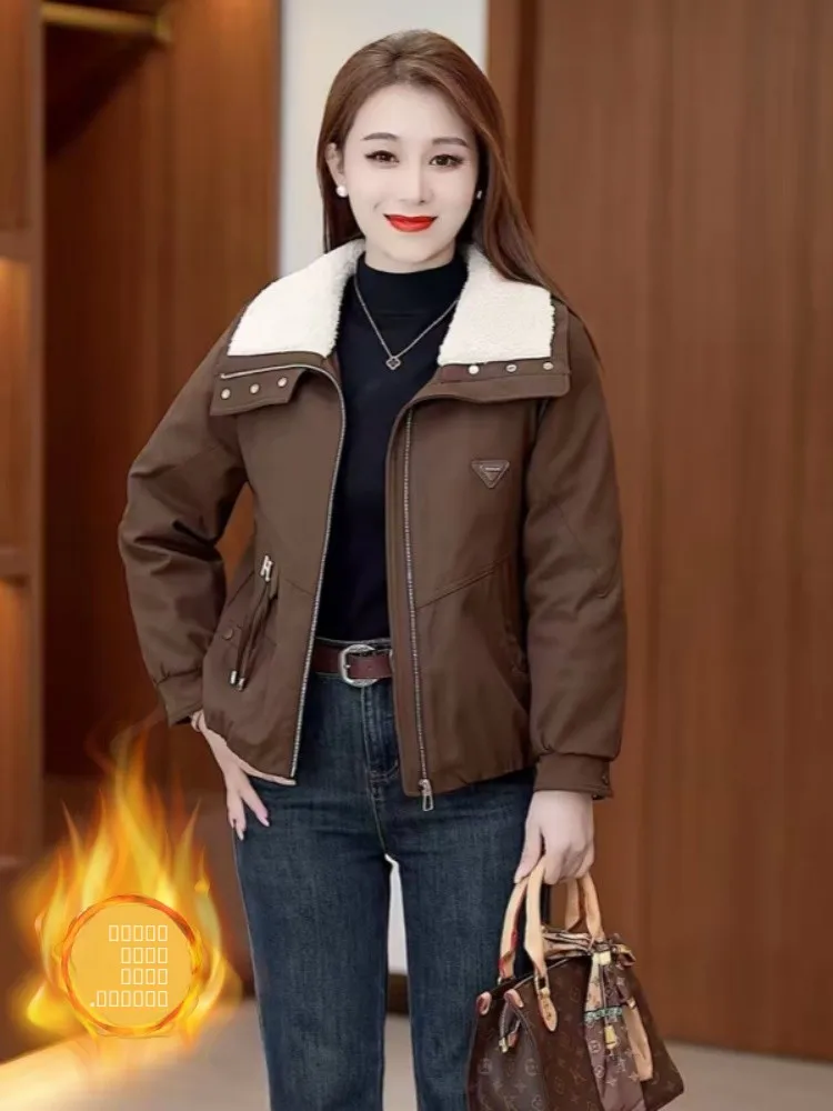 

Thiened Fce Lined Jaet Loose Fit Color Cotton Coat for Middle-Aged Women Winter Warm Collar Ne Zipper Clo...