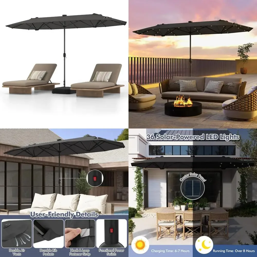 new Solar-Powered LED Patio Umbrella, 13 Feet Wide with Crank Lift, Includes Stand, Suitable for Outdoor Markets