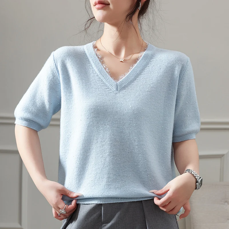 Women's V-Neck Cashmere Blend Sweater 10% Cashmere 90% Wool Short Sleeve Knitted Pullover Solid Color Fashion for Spring Summer.