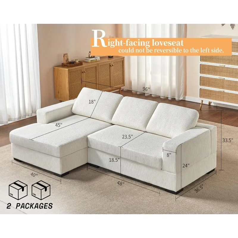 96 inch Oversized Sectional Sofa, Modern Couch with Chaise, Comfy Sofa Couch with Left Chaise, White Corduroy Sofa