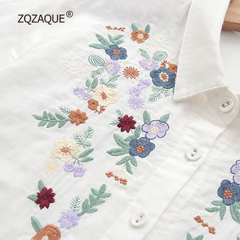 Spring Autumn New Comfortable Cotton Shirts Double Layer Embroidery Florals Casual Tops Long Sleeve All-match Blouses S065