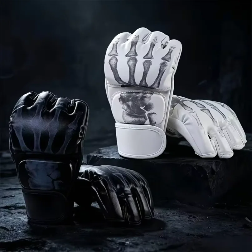 Breathable PU Leather Half‑Finger Gloves, Skull Pattern Non‑Slip Training Gloves for Sports Cosplay