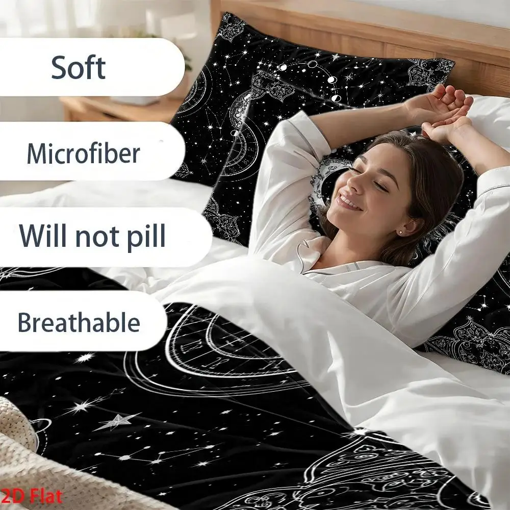 3Pc Mysterious Star, Moon, and Sun Constellation Printed Quilt Cover Set, Bedding Three-Piece Set (1*Quilt Cover + 2*Pillowcases), Quilted Quilt Cover, Skin-Friendly and Breathable, Zipper Closure, Easy to Clean, Durable, Machine Washable, Soft and Comfortable, Wrinkle-Resistant, Suitable for All Seasons, Modern Minimalist Light Luxury Style Bedroom Decoration, Personal Bedding Large Quilt Cover Set, Suitable for Home Master Bedroom, Guest Room, Student Dormitory, Nordic Style 3Pcs Bedding Set, Cozy Home Decor